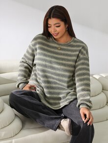 Solflare 大尺碼女款圓領條紋拼接休閒傳統日常T恤 秋季正式居家穿搭 灰色 - 彩色 - 查看 6