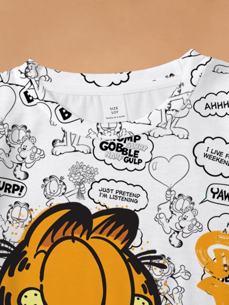 GARFIELD | SHEIN 青少年女孩卡通與字母圖案短袖T恤 - 白色 - 查看 3