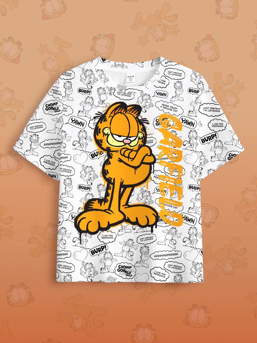 GARFIELD | SHEIN Tween Girl Cartoon & Letter Graphic Short Sleeve Tee - White - View 1