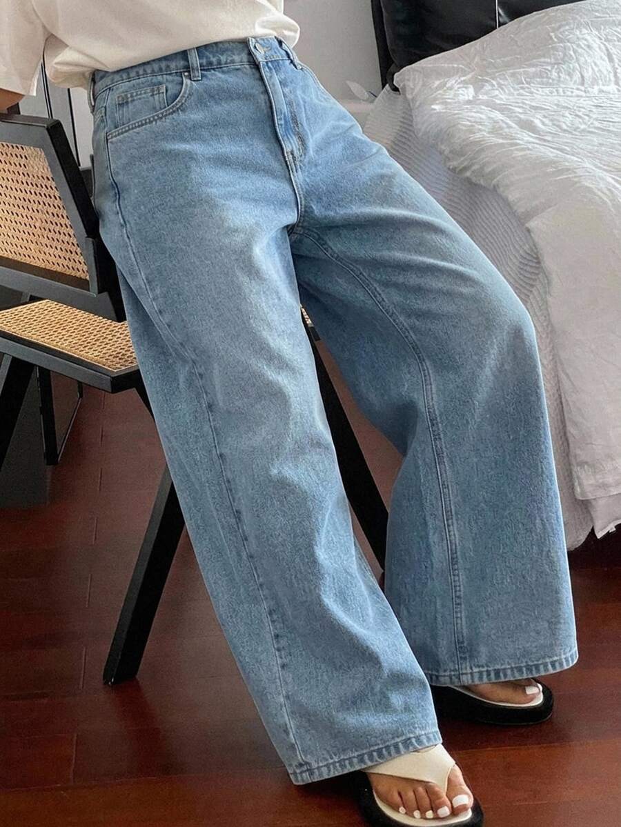 Dazy Plus Vintage Washed Grey Denim Long Straight Leg Jeans, Versatile All-Season - Light Wash - View 1