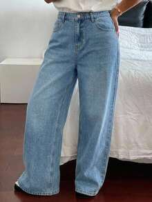 Dazy Plus Vintage Washed Grey Denim Long Straight Leg Jeans, Versatile All-Season - Light Wash - View 6