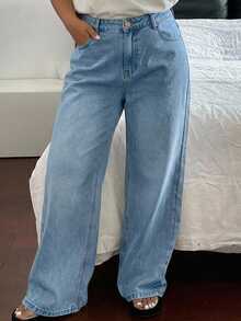 Dazy Plus Vintage Washed Grey Denim Long Straight Leg Jeans, Versatile All-Season - Light Wash - View 5