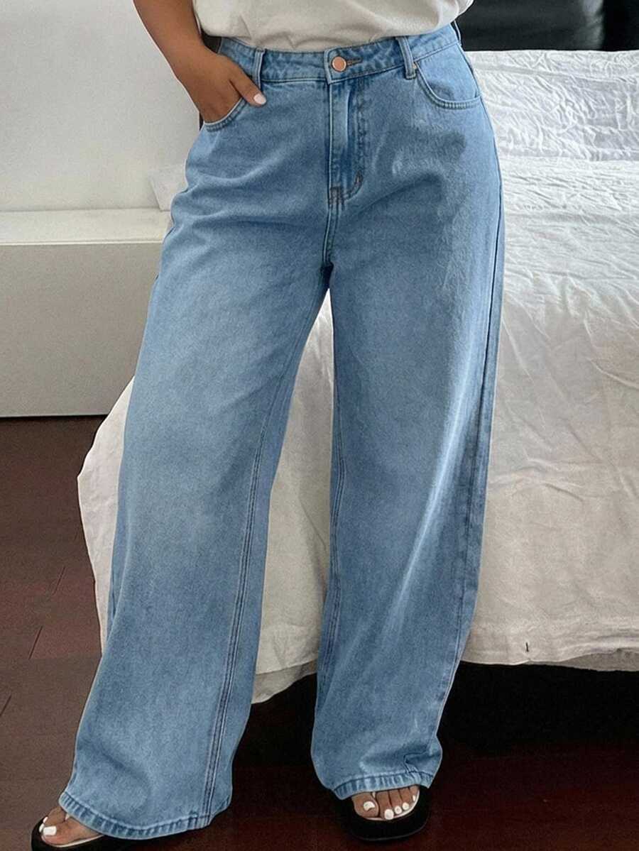 Dazy Plus Vintage Washed Grey Denim Long Straight Leg Jeans, Versatile All-Season - Light Wash - View 1