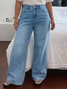 Dazy Plus Vintage Washed Grey Denim Long Straight Leg Jeans, Versatile All-Season - Light Wash - View 3
