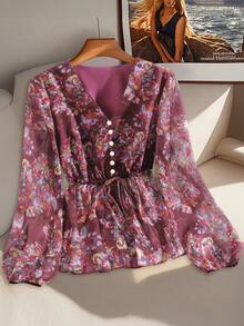 GlowEve CURVE Plus Size Women's Chiffon Cutout V-Neck Ruffle Sleeve Belted Elegant Blouse Fall - Red Violet - View 3