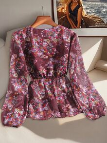 GlowEve CURVE Plus Size Women's Chiffon Cutout V-Neck Ruffle Sleeve Belted Elegant Blouse Fall - Red Violet - View 2