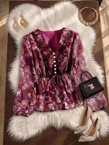 GlowEve CURVE Plus Size Women's Chiffon Cutout V-Neck Ruffle Sleeve Belted Elegant Blouse Fall - Red Violet - View 1