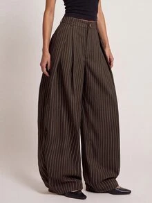 Freevana Women's Vintage Business Casual Elegant Brown And White Striped Flare Leg Pants Teachers' Day Brunch Work Office Fall - Coffee Brown - View 5