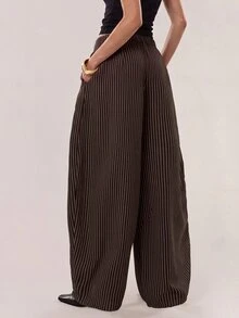 Freevana Women's Vintage Business Casual Elegant Brown And White Striped Flare Leg Pants Teachers' Day Brunch Work Office Fall - Coffee Brown - View 2