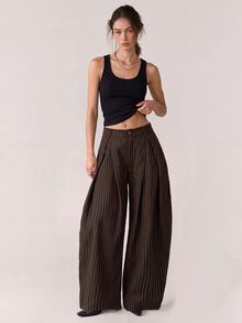 Freevana Women's Vintage Business Casual Elegant Brown And White Striped Flare Leg Pants Teachers' Day Brunch Work Office Fall - Coffee Brown - View 3