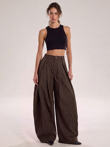 Freevana Women's Vintage Business Casual Elegant Brown And White Striped Flare Leg Pants Teachers' Day Brunch Work Office Fall - Coffee Brown - View 4