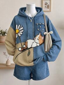Lalippa Women's Casual Cat & Floral Pattern Digital Print Double Layer Hooded Sweatshirt - Multicolor - View 3