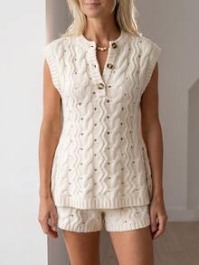 Omancia Vacation Casual Hollow Knit Top & Shorts 2 Pieces Set - Apricot - View 6
