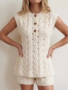 Omancia Vacation Casual Hollow Knit Top & Shorts 2 Pieces Set - Apricot - View 5