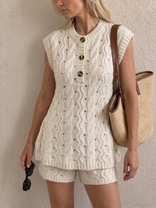 Omancia Vacation Casual Hollow Knit Top & Shorts 2 Pieces Set - Apricot - View 4