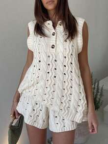 Omancia Vacation Casual Hollow Knit Top & Shorts 2 Pieces Set - Apricot - View 3