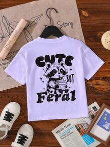 SHEIN 年轻女孩休闲时尚舒适简单浣熊“CUTE BUT Feral”字母图案短袖 T 恤，春夏 - 紫色 - 查看 2