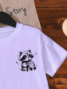 SHEIN 年轻女孩休闲时尚舒适简单浣熊“CUTE BUT Feral”字母图案短袖 T 恤，春夏 - 紫色 - 查看 6