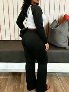INAWLY Plus Size Colorblock Long Sleeve Crew Neck T-Shirt And Solid Color Flared Pants 2 Pieces Set - Black and White - View 6