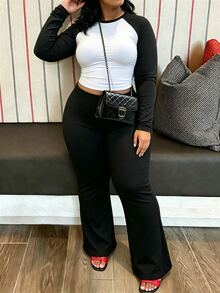 INAWLY Plus Size Colorblock Long Sleeve Crew Neck T-Shirt And Solid Color Flared Pants 2 Pieces Set - Black and White - View 5