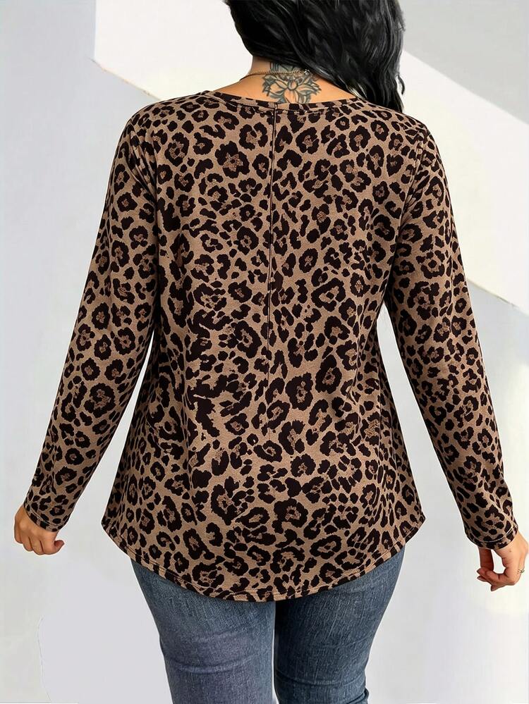 Elenzga Plus Size Women's Fashion Leopard Print Long Sleeve Top - Multicolor - View 6