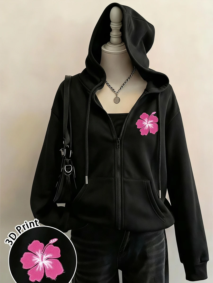 Attitoon 女款麻灰色拉鍊連帽外套-藍色3D花卉;復古;夏/秋;海灘/度假村;返校季 - 黑色 - 查看 1