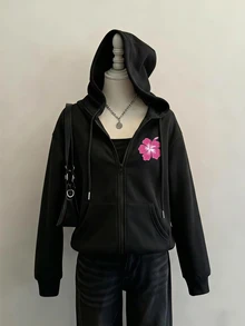 Attitoon 女款麻灰色拉鍊連帽外套－藍色3D花卉；復古；夏/秋；海灘/度假村；返校季 - 黑色 - 查看 3