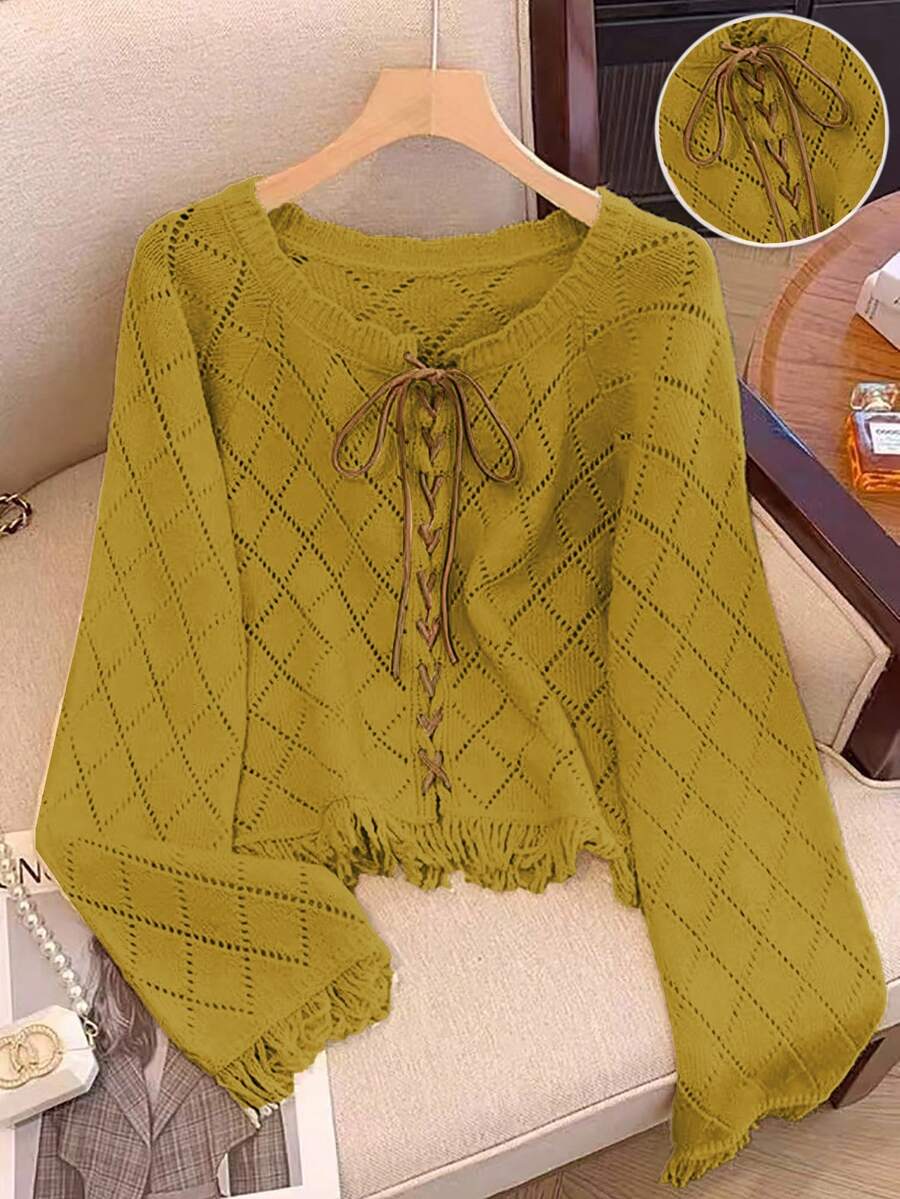 Franclia European & American New Blogger Style Fashion Design Exquisite Color Block Lace-Up 3D Hollow Floral Pattern Tassel Pullover Sweater