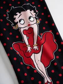 Betty Boop x SHEIN 女款波點印花蝴蝶結裝飾緊身褲 - 黑色 - 查看 5