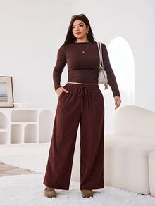 Solflare Plus Size Women's Corduroy Casual Elegant Versatile Everyday Long Pants In Brown Perfect For Back To School Commuting Daily Leisure Formal Home Wear - Coffee Brown - View 5