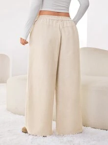 Solflare Plus Size Women's Solid Color Pocket Wide Leg Loose Casual Long Pants - Cream - View 3