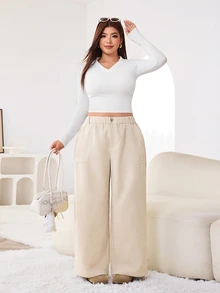 Solflare Plus Size Women's Solid Color Pocket Wide Leg Loose Casual Long Pants - Cream - View 5