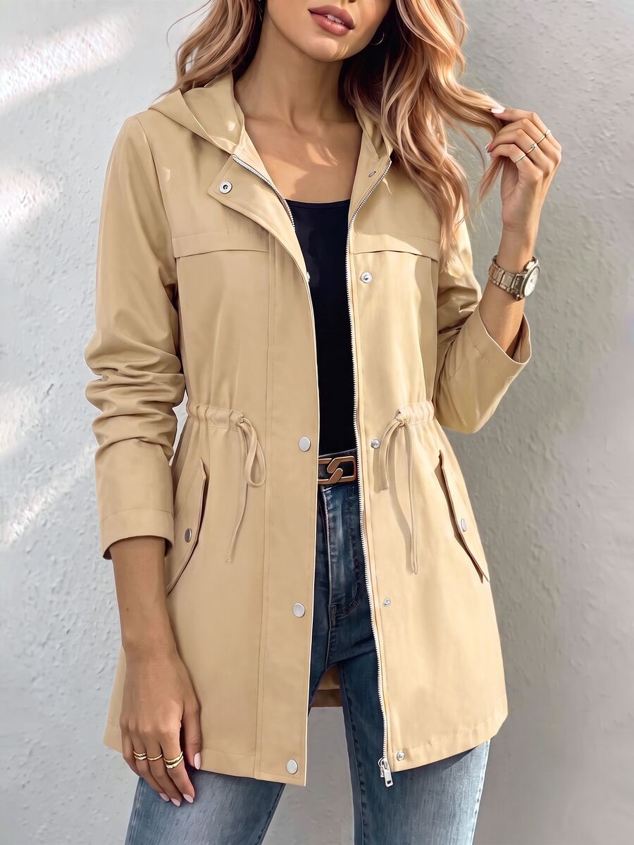 SHEIN 女款長袖休閒連帽抽繩工裝夾克外套 - 卡其色 - 查看 1