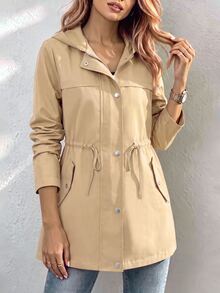 SHEIN 女款長袖休閒連帽抽繩工裝夾克外套 - 卡其色 - 查看 3