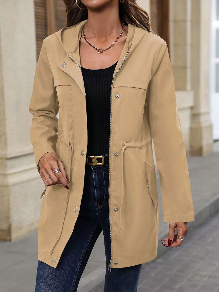 SHEIN جاكيت كاجوال نسائي بأكمام طويلة مع بطانية رأس وحبل شد وجيوب كارجو بقصة عادية - كاكي - مشاهدة 8