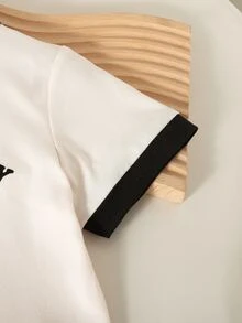 SHEIN Elladie kids 女童夏季開學牛仔套裝 2件組 簡約領口拼接配色英文蝴蝶結印花T恤 側蝴蝶結直筒鬆緊腰長褲 - 彩色 - 查看 4