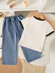 SHEIN Elladie kids 女童夏季開學牛仔套裝 2件組 簡約領口拼接配色英文蝴蝶結印花T恤 側蝴蝶結直筒鬆緊腰長褲 - 彩色 - 查看 2