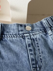 SHEIN Elladie kids 女童夏季開學牛仔套裝 2件組 簡約領口拼接配色英文蝴蝶結印花T恤 側蝴蝶結直筒鬆緊腰長褲 - 彩色 - 查看 6