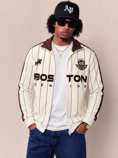Aesthetic Post Chaqueta retro americana con rayas verticales marrones, estampado de letras de insignia, color blanco crema, estilo universitario, ropa de calle, cuello de solapa, cuello alto, manga larga, cremallera, sudadera con gráfico para hombres y mujeres, moda casual de otoño/invierno para viajes y deportes