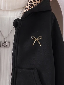 SHEIN Elladie kids 1件少女純色休閒蝴蝶結印花豹紋連帽棒球運動外套，適合秋冬穿著，完美適用於學校、戶外活動與家庭聚會，提供保暖舒適 - 黑色 - 查看 8