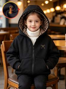 SHEIN Elladie kids 1件少女純色休閒蝴蝶結印花豹紋連帽棒球運動外套，適合秋冬穿著，完美適用於學校、戶外活動與家庭聚會，提供保暖舒適 - 黑色 - 查看 5