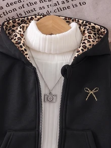 SHEIN Elladie kids 1件少女純色休閒蝴蝶結印花豹紋連帽棒球運動外套，適合秋冬穿著，完美適用於學校、戶外活動與家庭聚會，提供保暖舒適 - 黑色 - 查看 7