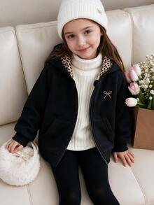 SHEIN Elladie kids 1件少女純色休閒蝴蝶結印花豹紋連帽棒球運動外套，適合秋冬穿著，完美適用於學校、戶外活動與家庭聚會，提供保暖舒適 - 黑色 - 查看 1