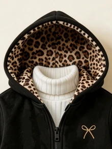 SHEIN Elladie kids 1件少女純色休閒蝴蝶結印花豹紋連帽棒球運動外套，適合秋冬穿著，完美適用於學校、戶外活動與家庭聚會，提供保暖舒適 - 黑色 - 查看 4