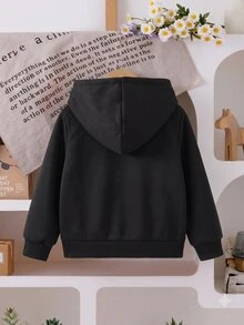 SHEIN Elladie kids 1件少女純色休閒蝴蝶結印花豹紋連帽棒球運動外套，適合秋冬穿著，完美適用於學校、戶外活動與家庭聚會，提供保暖舒適 - 黑色 - 查看 2
