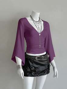 EgrlEra Deep V-Neck Sexy Mid-Length Fitted T-Shirt - Purple - View 3