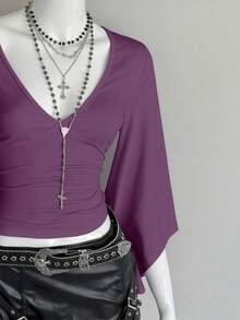 EgrlEra Deep V-Neck Sexy Mid-Length Fitted T-Shirt - Purple - View 7