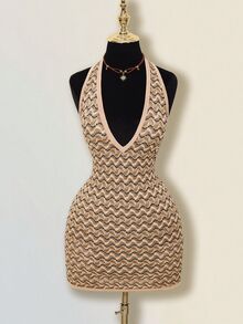 SHEIN ICON 条纹深V领露背吊带迷你连衣裙 - 彩色 - 查看 4