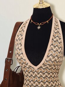 SHEIN ICON 条纹深V领露背吊带迷你连衣裙 - 彩色 - 查看 5