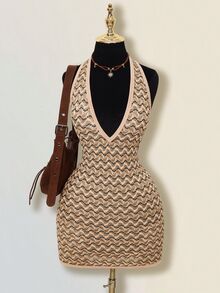SHEIN ICON 条纹深V领露背吊带迷你连衣裙 - 彩色 - 查看 3